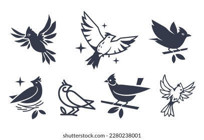 Vector set of illustration of beautiful flying and sitting on branch bird on white color background. Black and white line art flat style design of bird for web, banner, print, textile, greeting card