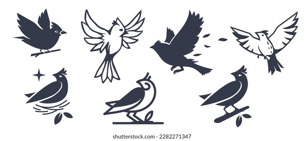 Vector set of illustration of beautiful flying and sitting on branch and in nest bird on white color background. Black and white line art flat style design of bird for web, banner, print, textile