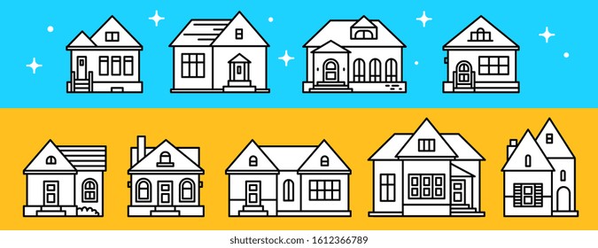 Vector set of illustration with beautiful house on color background. Line art style creative design of country building for web, site, banner, poster, card