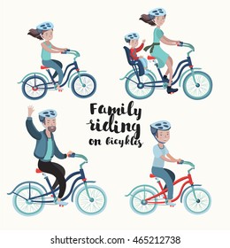 Vector Of Set Illustration Of Bicycle Riders Family In Cartoon Style. Cyclist Man, Woman, Children, Boy And Girl In Helmets Racing Cyclist On Bikes In The Park