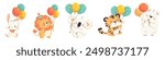 Vector set illustration for birthday. Cute animals panda, polar bear, lion, cat, tiger and panda with balloons and confetti on white background 