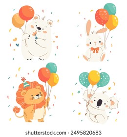 Vector set illustration for birthday. Cute animals panda, polar bear, lion and panda with balloons and confetti on white background 