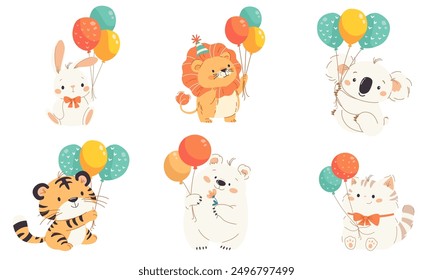 Vector set illustration for birthday. Cute animals panda, polar bear, lion, cat, tiger and panda with balloons and confetti on white background 