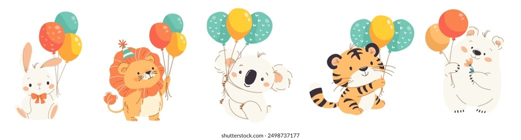 Vector set illustration for birthday. Cute animals panda, polar bear, lion, cat, tiger and panda with balloons and confetti on white background 