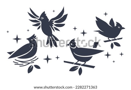 Vector set of illustration of black beautiful flying and sitting in nest and on branch bird on white color background. Black and white line art flat style design of bird for web, banner, print