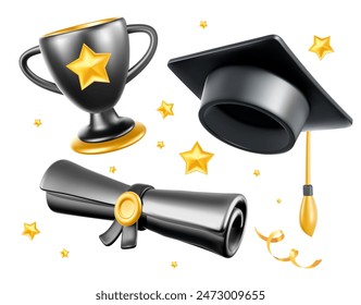 Vector set of illustration of black and golden graduate cap and diploma scroll with winner cup on white background. 3d style design of graduation hat with winner cup and diploma. Graduation collection