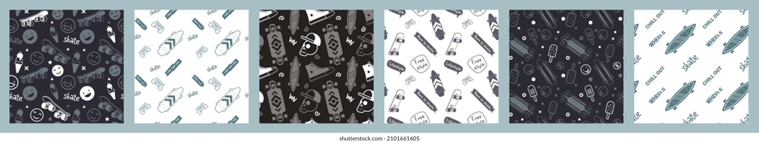 Conjunto de vectores de la ilustración de patineta en blanco y negro. Skateboarding cuadrada patrón sin fisuras con patineta de dibujos animados. Fondo de skate de estilo de arte de línea para camisetas e impresión de papel