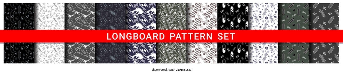 Vector set of illustration of black and white skateboard with red ribbon. Skateboarding seamless pattern with cartoon skateboard. Line art style skate background for t-shirt and paper print