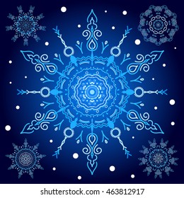 Vector set of illustration blue snowflakes on deep blue radial background.