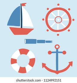 Vector set of illustration of boat, anchor, wheel, spyglass and life ring. Yacht sailboat or sailing ship, marine cruise travel vector icon. Summer vacation and sea travel logo set. Flat design.