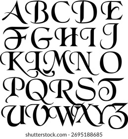 Vector set illustration of bold black alphabet letters from A to Z on a white background. Modern and minimalist typography design with clean geometric shapes