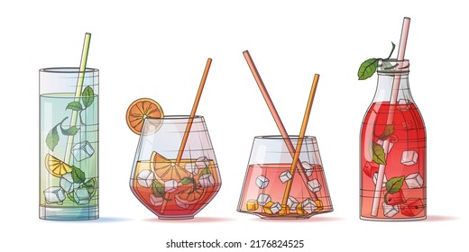 Vektorgrafik von Flasche Saft, Glas Cocktail, Glas Limonade. Handgezeichnete Illustration für Poster oder Banner, Menüdesign, Café-Bar, Dekoration der Postkarte, Abdeckung. Sommerkonzept.