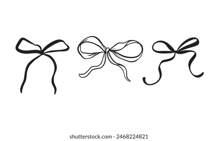 Vector set illustration of bows in trendy style for invitations to wedding, party, hair, postcard. Linear style, cartoon, doodle