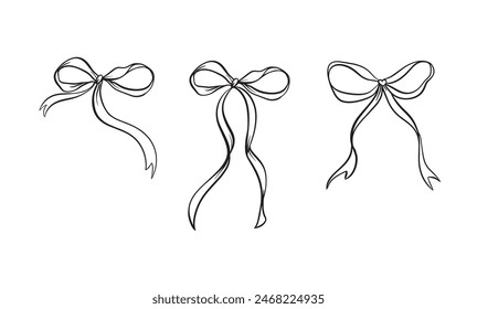 Vector set illustration of bows in trendy style for invitations to wedding, party, hair, postcard. Linear style, cartoon, doodle