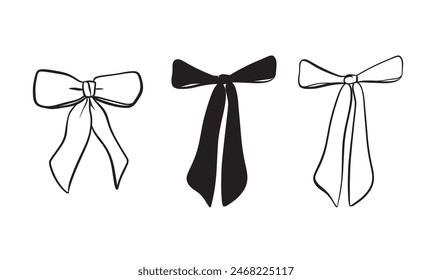 Vektorgrafik Set Illustration von Schleifen im trendigen Stil für Einladungen zur Hochzeit, Party, Haar, Postkarte. Linearer Stil, Cartoon, Doodle
