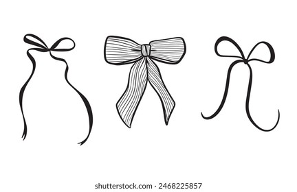 Vector set illustration of bows in trendy style for invitations to wedding, party, hair, postcard. Linear style, cartoon, doodle
