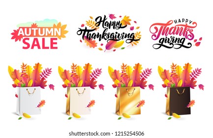 Vector set illustration of bright bouquet of autumn fallen leaves in gift paper shopping bags gold, white, black colors. Luxury, festive Happy Thanksgiving hand drawn lettering set, text autumn sale. 