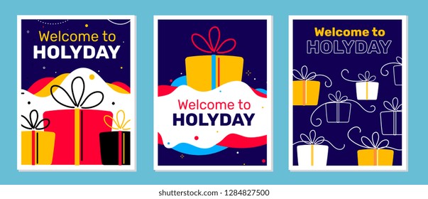 Vector set of illustration with bright color present. Creative holiday poster on dark background with text. Flat line art style design for web, site, banner, card, poster