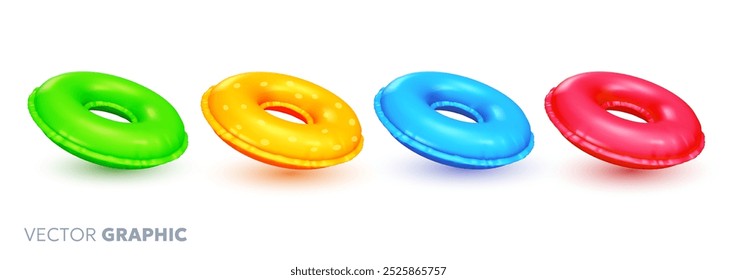 Vector set of illustration of bright pool inflatable ring with shadow on white color background. 3d style cartoon design of summer different color inflatable swim ring for web, site, banner