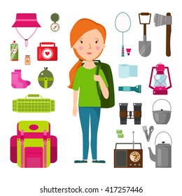 Vector set illustration of camping accessories and traveler in flat cartoon style. Knife, socks, chair, thermos, mug, batteries, badminton. Equipment for camping  