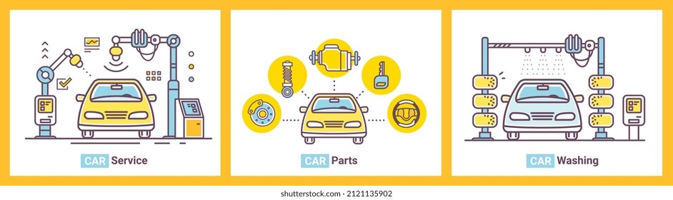 Vector set of illustration of car service and carwash on white background. Line art style design of yellow car repair and maintenance for web, site, banner, print