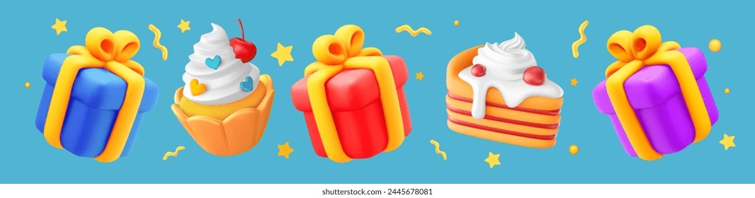 Vector set of illustration of cartoon bright gift box with golden ribbon and sweet cake. 3d style holiday design of present box and cupcake on color background. Festive gift surprise for web, card