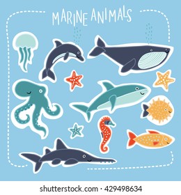 Vector set of illustration of cartoon funny cute sea creatures with smiling muzzle