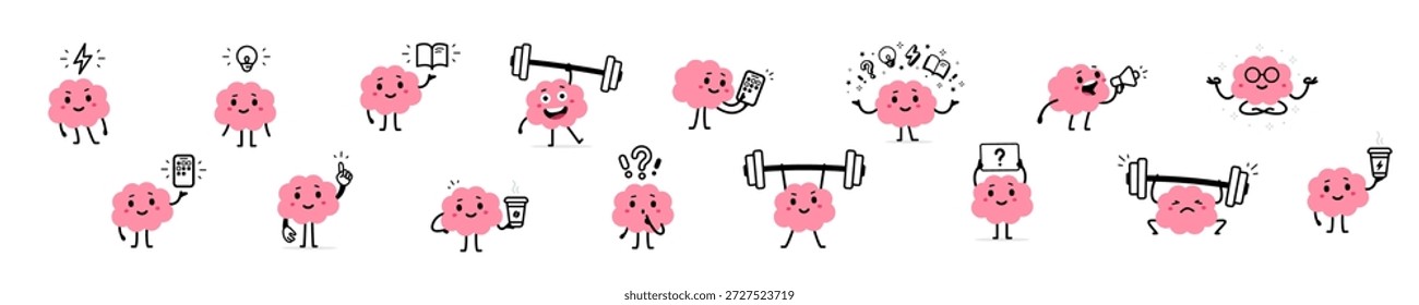 Vector conjunto de ilustración de dibujos animados feliz personaje de color rosa cerebral en varias poses. Diseño plano estilo doodle de colección de cerebro fuerte y saludable con pregunta y mancuerna. Linda sonrisa mente con libro