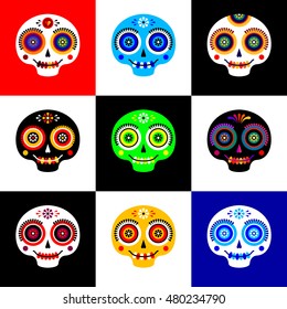 Vector set of illustration in cartoon naive style with traditional mexican symbols - sugar skulls. Traditional holiday in Mexico - Dia de los Muertos or Day of the Dead illustration.