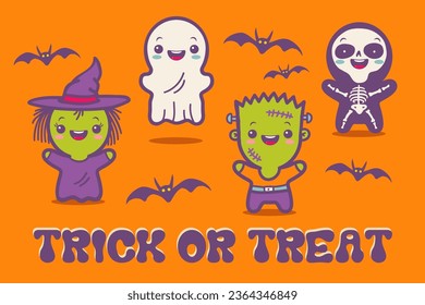 Vector ilustra a los niños disfrazados para Halloween. Ilustraciones con niños lindos con disfraces de monstruos de Halloween. Tarjeta de época.