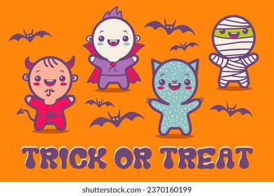 Vector set illustration of children in costumes for Halloween. Illustrations with cute kids in Halloween monsters costumes. Vintage card.