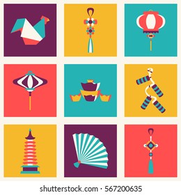 Vector set illustration of Chinese Symbols and objects