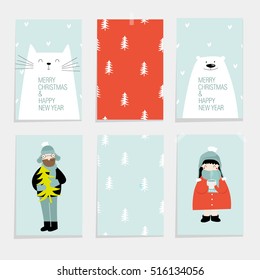 Vector set illustration for Christmas and New Year. Pattern, Tree, dad, man, girl, daughter, cat, bear. Poster, postcard, invitation. eps 10
