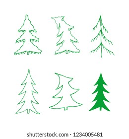 Vector set illustration of Christmas trees . Doodling. Hand drawn.