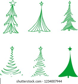 Vector set illustration of Christmas trees with decoration . Doodling. Hand drawn.