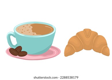 A vector set of an illustration of a coffee cup and a croissant. Vector illustration