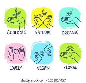 Vector set of illustration with color cartoon man hand holding a leaf, heart and sprout on white background with text. Natural and organic symbol. Line art style design of palm for web, site, banner