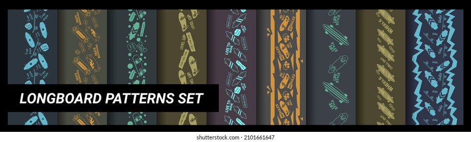 Vector set of illustration of color skateboard on dark background. Skateboarding vertical seamless pattern with cartoon skateboard. Line art style skate background for t-shirt and paper print