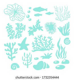 Vector set illustration of colorful sea coral, fishes, starfish,shell isolated on white background. Set of red and green underwater marine creatures, sea or ocean flora and fauna. Best for logo, card