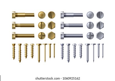 Vector set illustration of construction steel and metal brass bolts, nails rivets screws isolated on white background