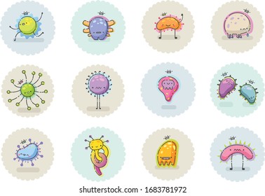 Vector set illustration of coronavirus bacteria cute cartoon character, little monster. infection icon baby picture. 