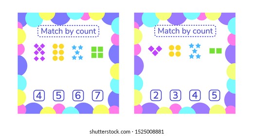 vector set illustration. counting game for preschool children. count items in the picture and choose right answer. rebus for children. rhombus, star, square, circle.