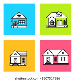 Vector set of illustration of country cottage on color background. Line art style creative design of house for web, site, banner, poster, card