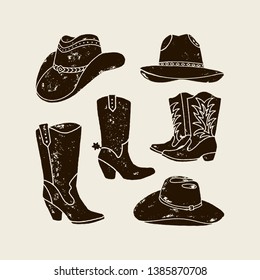 Vector Set illustration of cowboy hat and boots silhouette in vintage style , grunge effect. Elements of the wild West for the design of posters, postcards, lettering, prints for t-shirts.