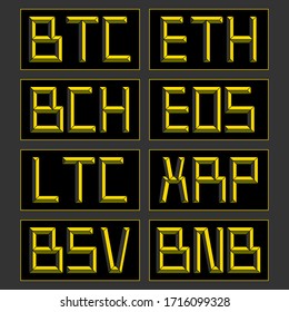 Vector set illustration of Cryptocurrency Ticker Symbols lettering in bevel style - perfect for bitcoin and cryptocurrency-related content, movement, product, service, exchange, etc. svg