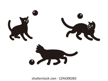 Vector set of illustration of cute black cats in various poses, isolated on white background. Flat style design for greeting card, print, web, site, banner, sticker, logo, packaging.