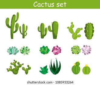 Vector set illustration of cute cartoon cactus with flowers, cacti, aloe, succulents and leaves in a flat style. Collection of exotic plants for cards, invitations, sticker, banner, web