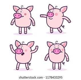 Vector set of illustration of cute cartoon pig with pink snout in different pose and emotion. Hand drawn line art style design of symbol of the new year 2019 for web, site, greeting card, party poster