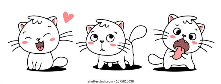 Vector set of illustration of cute cat in different pose on white color background