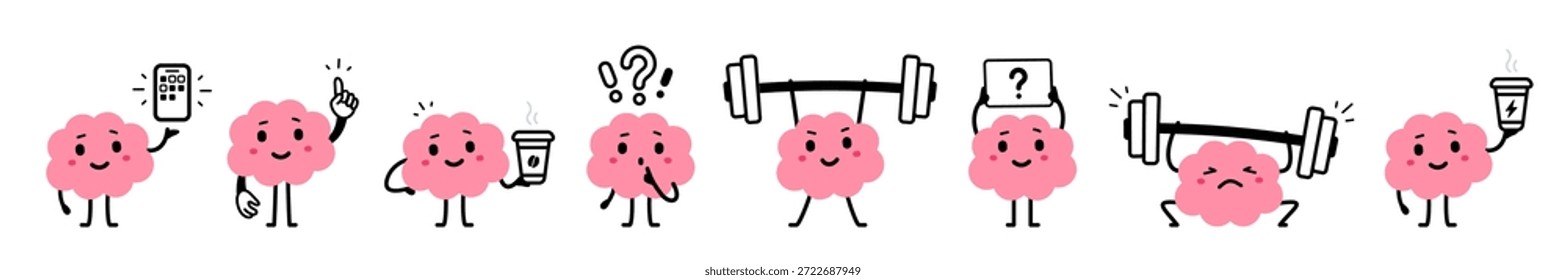 Vector conjunto de ilustración de linda sonrisa inteligente cerebro rosa en diferente pose sobre fondo blanco. Diseño plano del estilo del doodle de la colección del carácter fuerte feliz del cerebro con la barra y el signo de interrogación